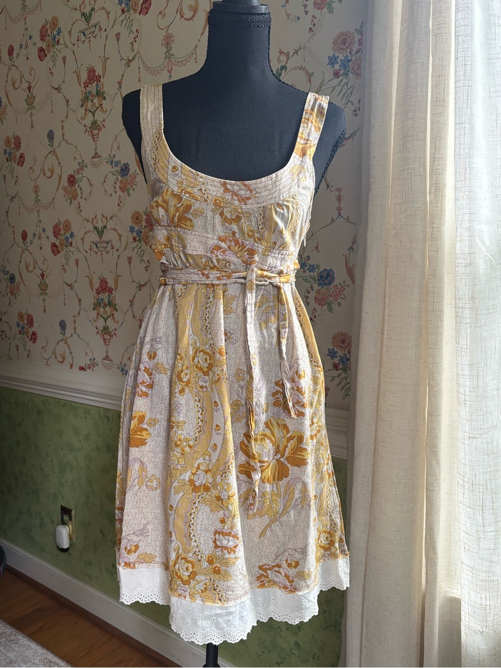 Free People Yellow and Cream Floral Tie-Waist Sundress